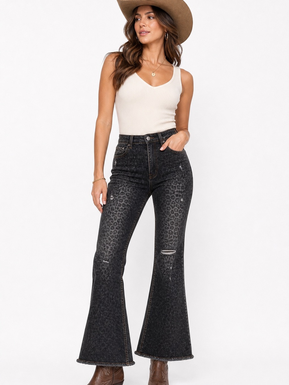 Black Cheetah Print Bell Bottom Jeans